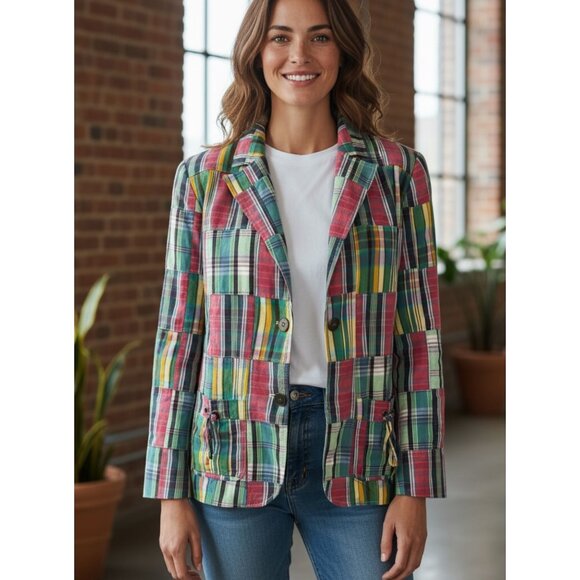 Doncaster Sport Women's 12W Blazer Jacket Madras Plaid Patchwork Cotton Vintage - Picture 1 of 10